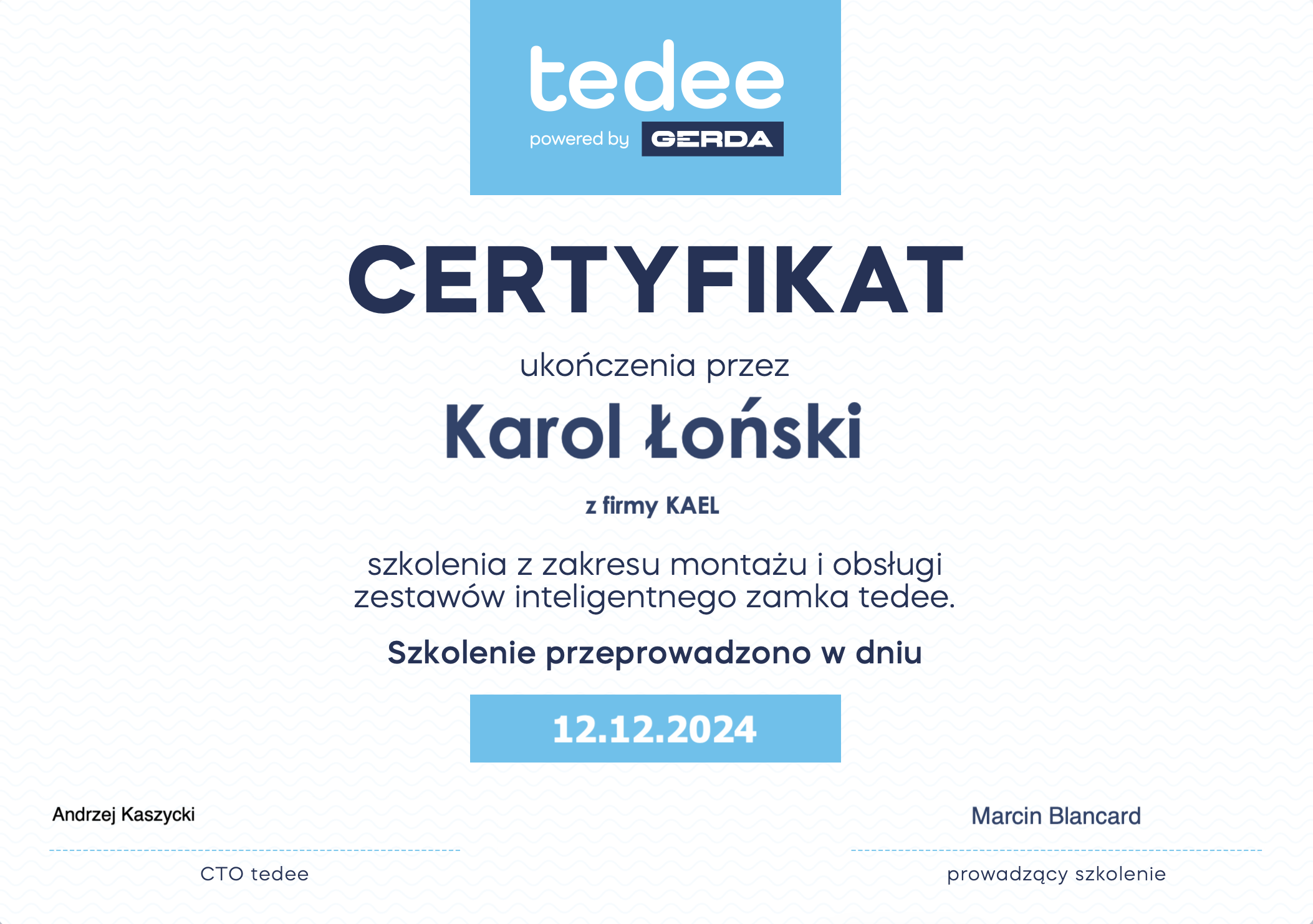 Certyfikat Autoryzowanego Instalatora